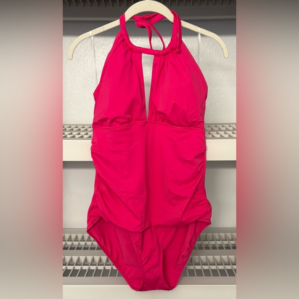 NWT Lauren Ralph Lauren Black Label 1-Piece Halter-Neck‎ Fuchsia Swimsuit Sz 14